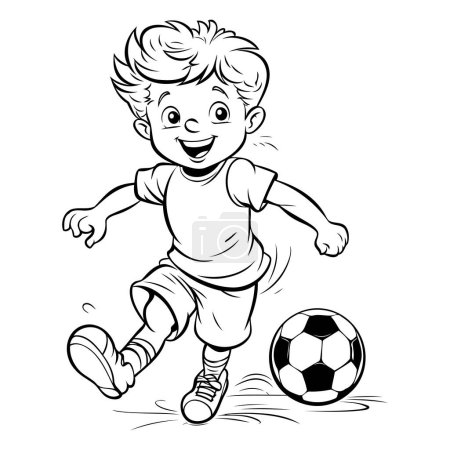 Téléchargez les illustrations : Joli garçon de dessin animé jouant au football. Illustration vectorielle noir et blanc. - en licence libre de droit