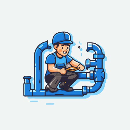 Illustration for Plumber with wrench repairing pipeline. Vector illustration in flat style. - Royalty Free Image