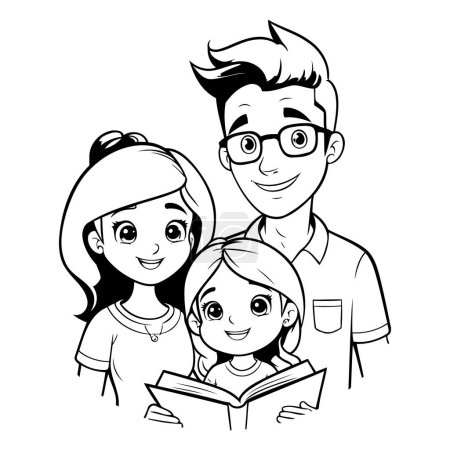 Téléchargez les illustrations : Père avec fille et fils lisant un livre dessin animé vectoriel illustration graphisme - en licence libre de droit