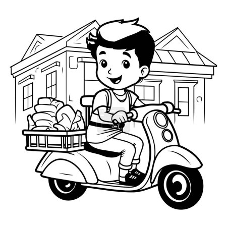 Illustration for Boy riding a motorbike with a basket of bread. Vector illustration. - Royalty Free Image