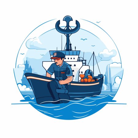 Illustration for Fisherman in boat. Vector illustration of a man in a uniform and hat on a fishing boat. - Royalty Free Image