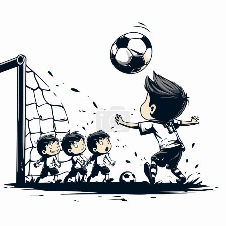 Illustration for Soccer player kicking the ball into the goal. Vector illustration. - Royalty Free Image