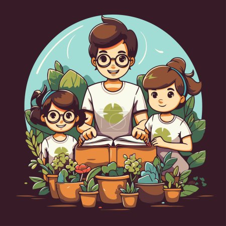 Ilustración de Ilustración de dibujos animados vectoriales de familia feliz con plantas de interior en macetas. - Imagen libre de derechos