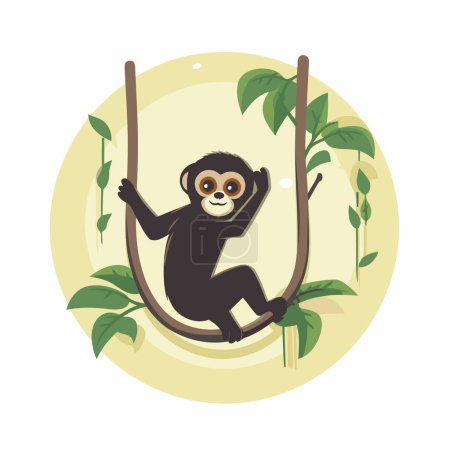 Téléchargez les illustrations : Mignon singe assis sur une branche d'arbre. Illustration vectorielle dans le style dessin animé. - en licence libre de droit