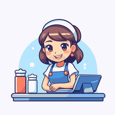 Illustration for Cute girl in apron with a laptop. Vector illustration. - Royalty Free Image