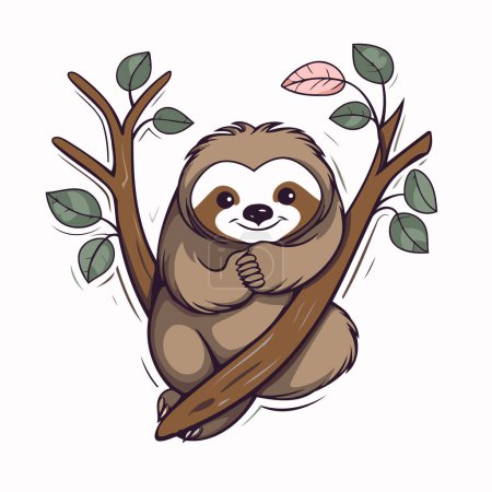 Illustration for Cute cartoon sloth on a tree branch. Vector illustration. - Royalty Free Image