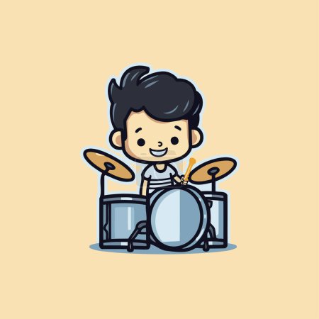 Téléchargez les illustrations : Mascotte de garçon mignon jouant du tambour Illustration vectorielle de personnage de bande dessinée - en licence libre de droit