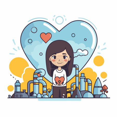 Illustration for Cute cartoon girl with heart and rocket vector illustration graphic design. - Royalty Free Image