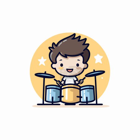 Illustration for Cute boy playing drum set. Vector illustration in cartoon style. - Royalty Free Image