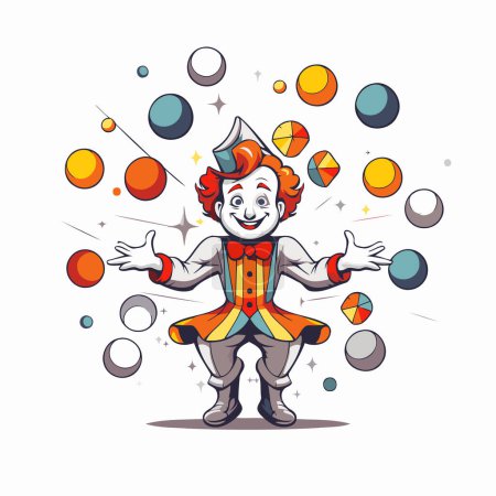 Téléchargez les illustrations : Bande dessinée clown jongler avec des boules. Illustration vectorielle sur fond blanc. - en licence libre de droit