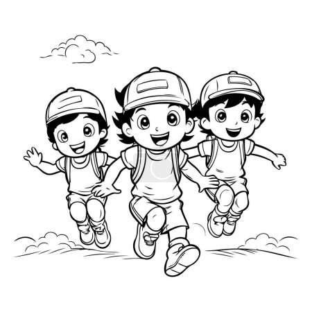Ilustración de Niños corriendo en el parque. Ilustración vectorial en blanco y negro para colorear libro. - Imagen libre de derechos