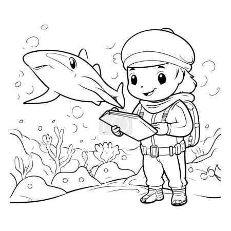 Illustration for Boy with a map and a shark. Vector illustration. Coloring book - Royalty Free Image