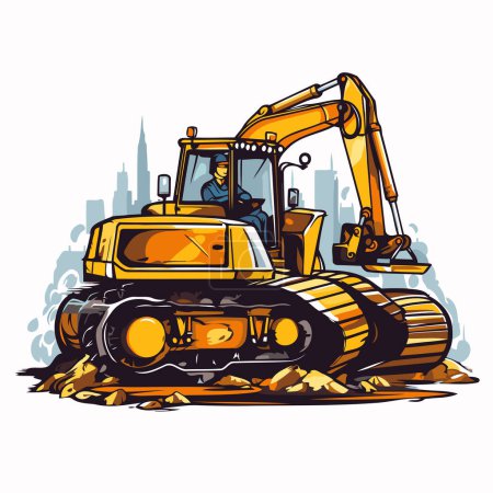 Téléchargez les illustrations : Excavatrice travaillant sur le chantier. Illustration vectorielle de dessin animé. - en licence libre de droit