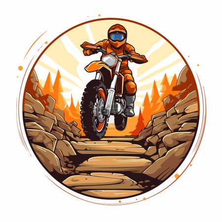 Ilustración de Ilustración vectorial de un motocross en casco montando una motocicleta en las montañas. - Imagen libre de derechos