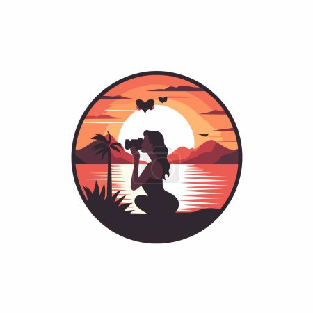 Illustration for Woman sitting on the beach at sunset. Vector illustration in flat style - Royalty Free Image
