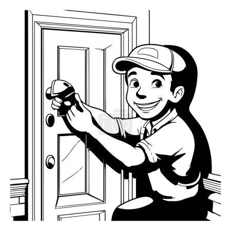 Téléchargez les illustrations : Illustration d'un homme à tout faire réparant une porte avec un tournevis - en licence libre de droit