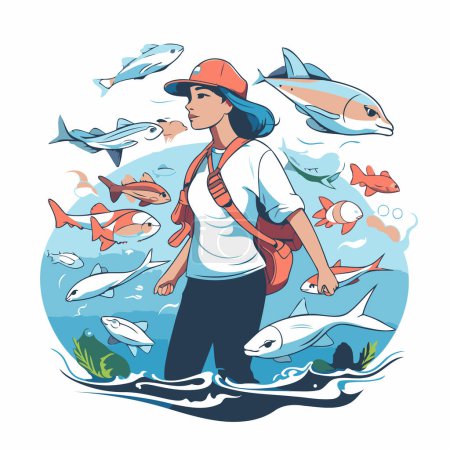 Téléchargez les illustrations : Illustration vectorielle d'une fille dans une casquette et avec un sac à dos parmi les poissons. - en licence libre de droit