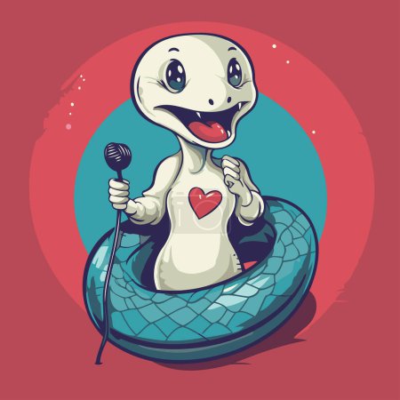Téléchargez les illustrations : Illustration d'un serpent de dessin animé chantant dans un microphone sur un fond rouge - en licence libre de droit