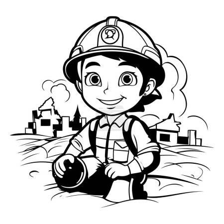 Illustration for Black and White Cartoon Illustration of Boy firefighter or fireman holding a fire hose - Royalty Free Image