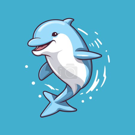 Illustration for Cute cartoon dolphin isolated on blue background. Vector illustration in flat style. - Royalty Free Image