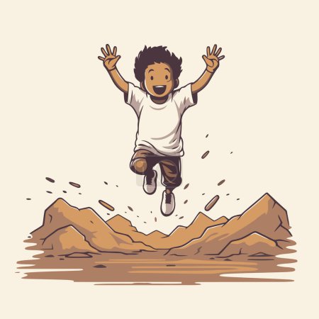 Téléchargez les illustrations : Joyeux garçon qui saute dans les airs. Illustration vectorielle dans le style dessin animé. - en licence libre de droit