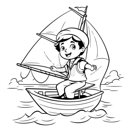 Boy sailing on a boat - black and white vector illustration for coloring book