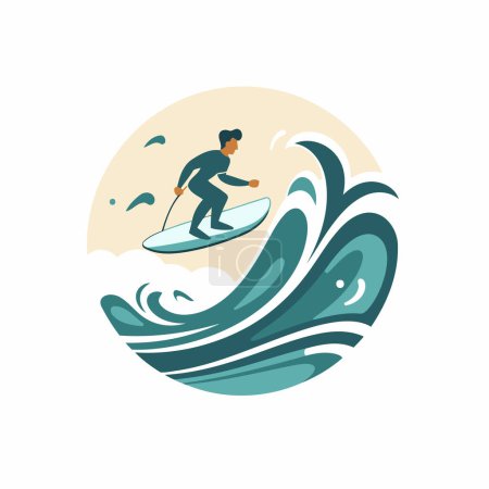 Illustration for Surfer in the waves. Vector illustration in a flat style. - Royalty Free Image