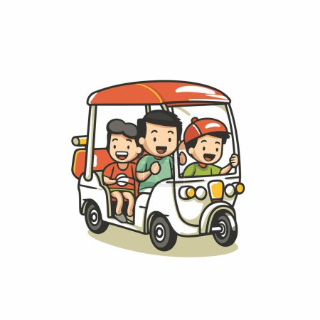 Ilustración de Cartoon Tuk Tuk taxi con conductor. Ilustración vectorial. - Imagen libre de derechos