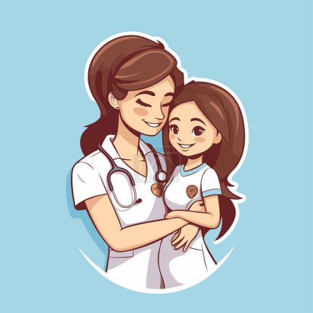 Téléchargez les illustrations : Infirmière avec une fille. Illustration vectorielle dans le style dessin animé. - en licence libre de droit