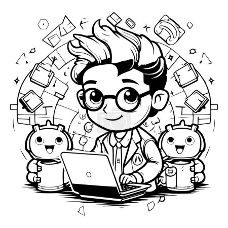 Téléchargez les illustrations : Illustration de bande dessinée en noir et blanc d'un étudiant avec ordinateur portable ou ordinateur pour livre à colorier - en licence libre de droit