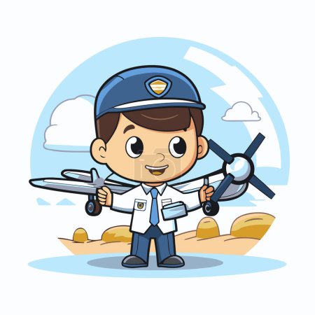 Ilustración de Lindo chico piloto con avión en el fondo del cielo. Ilustración vectorial. - Imagen libre de derechos