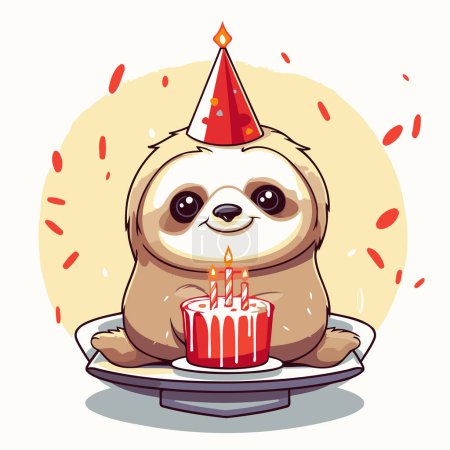 Illustration for Cute cartoon sloth with a birthday cake. Vector illustration. - Royalty Free Image