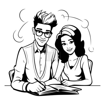 Ilustración de Ilustración vectorial de una pareja leyendo un libro. Blanco y negro. - Imagen libre de derechos
