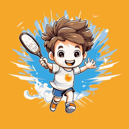 Ilustración de Ilustración vectorial de un niño jugando al bádminton sobre un fondo amarillo - Imagen libre de derechos