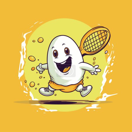 Illustration for Funny cartoon ghost with tennis racket on yellow background. Vector illustration. - Royalty Free Image
