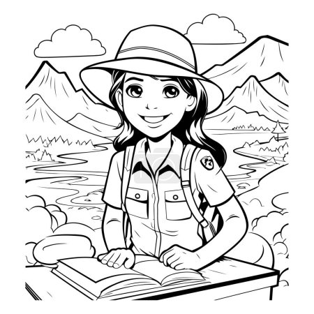 Illustration for Black and White Cartoon Illustration of Girl scout or explorer Reading a Book - Royalty Free Image