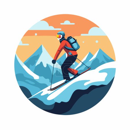 Téléchargez les illustrations : Ski dans les montagnes. Illustration vectorielle en style plat. - en licence libre de droit