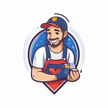 Illustration for Vector illustration of a smiling plumber holding a bottle of nail polish - Royalty Free Image