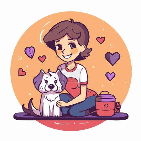 Illustration for Vector illustration of a boy with a dog on a background of hearts - Royalty Free Image