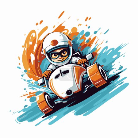 Cartoon-Astronaut beim Kartfahren. Vektor-Illustration auf weißem Hintergrund.