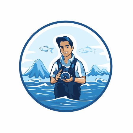 Illustration for Vector illustration of a photographer with camera and fish in the background. - Royalty Free Image