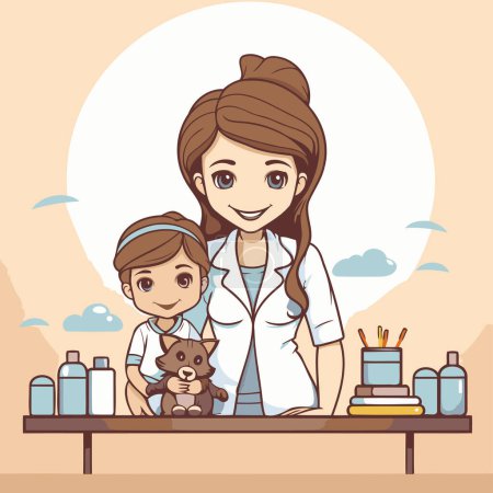 Illustration for Pediatrician doctor and little girl in the clinic. Vector illustration. - Royalty Free Image