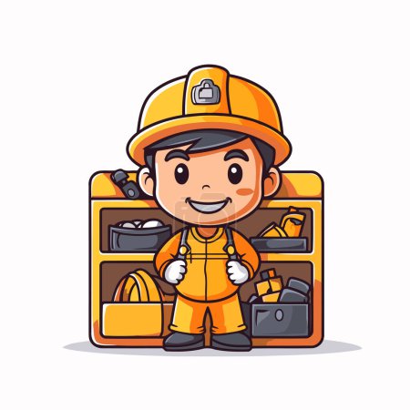 Illustration for Worker with tool box. Cute cartoon character vector illustration. - Royalty Free Image
