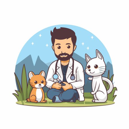 Téléchargez les illustrations : Vétérinaire avec chien et chat. Illustration vectorielle dans le style dessin animé. - en licence libre de droit