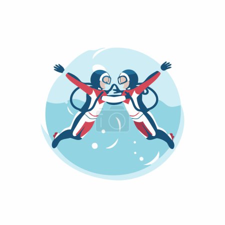 Vector illustration of two girls in diving suits jumping in the water.