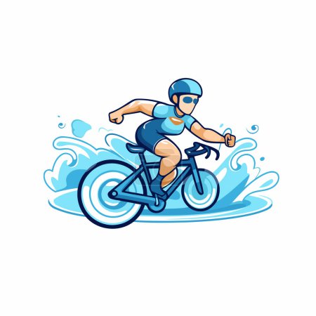 Illustration for Cyclist riding on the waves. Vector illustration in cartoon style. - Royalty Free Image