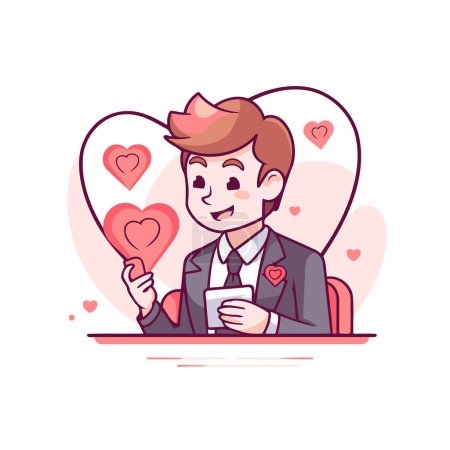 Illustration for Vector illustration of young man with cup of coffee and heart on white background. - Royalty Free Image