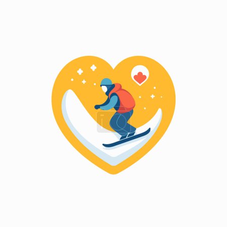 Téléchargez les illustrations : Snowboarder dans un autocollant en forme de cœur. Illustration vectorielle plate. - en licence libre de droit