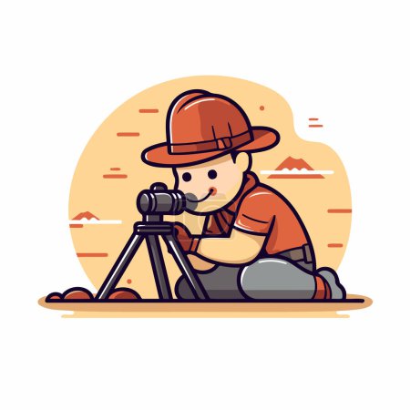 Illustration for Cute boy with a camera on a tripod. Vector illustration. - Royalty Free Image