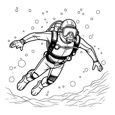 Illustration for Diver in diving suit. Black and white vector illustration for coloring book. - Royalty Free Image